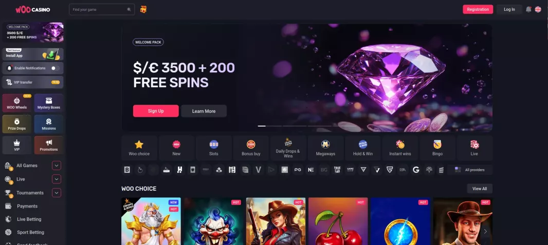 Woo Casino bonus 100 % až do 1 000 € a 150 free spinů